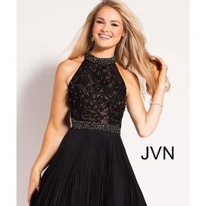 Black Beaded High Neck Bodice Pleated Short Dress